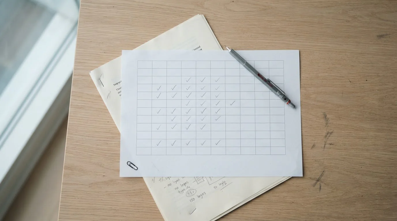 Printed comparison sheet of casino payout windows and caps on a desk with a pen resting on it