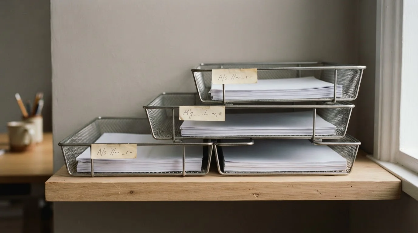 Three stacked paper trays on an office shelf labelled by hand, suggesting layered approval steps