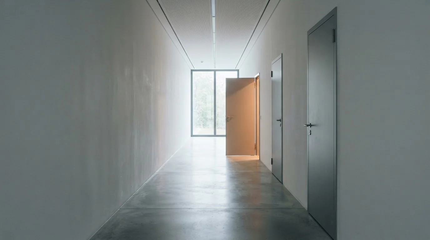 Three closed doors in a corridor, one partly open, symbolising withdrawal verification stages
