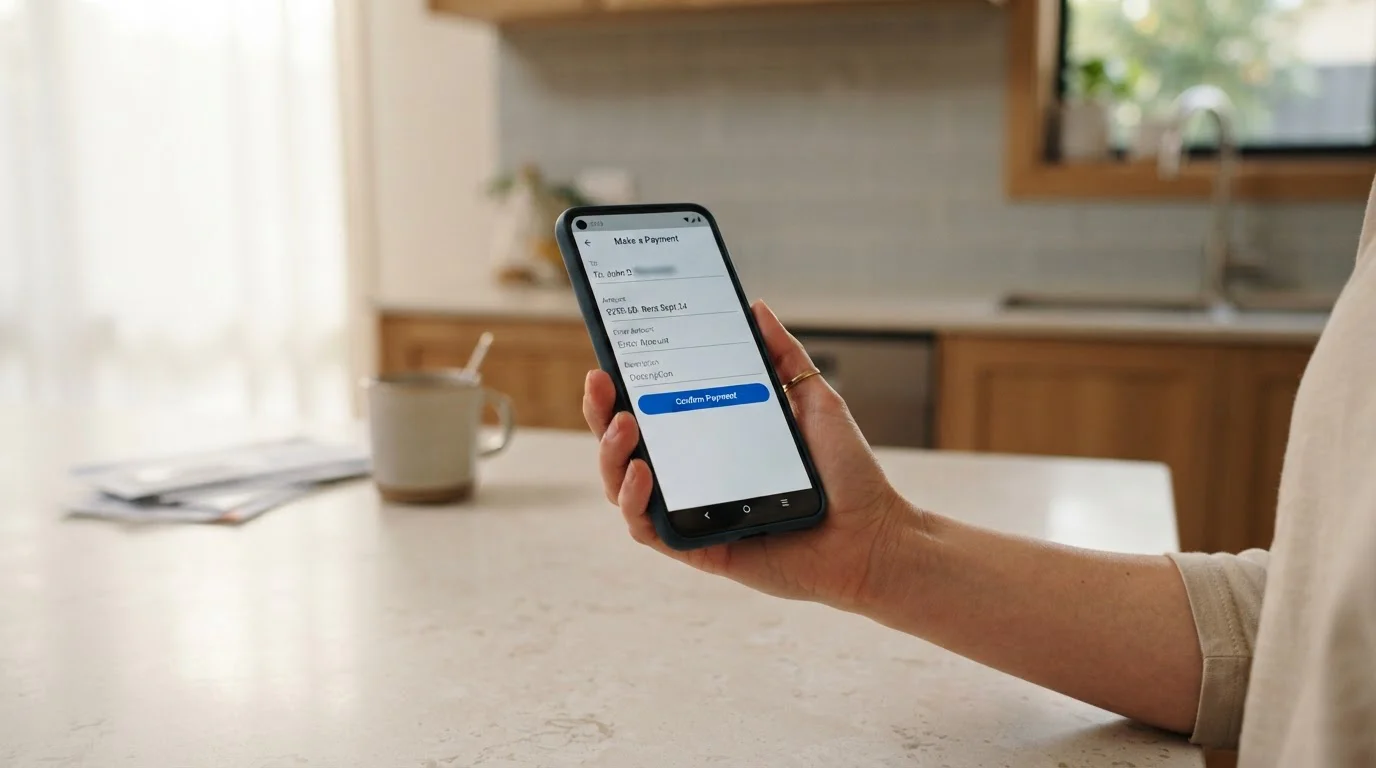 Hand holding a phone with a banking app open, transfer screen visible at a kitchen bench
