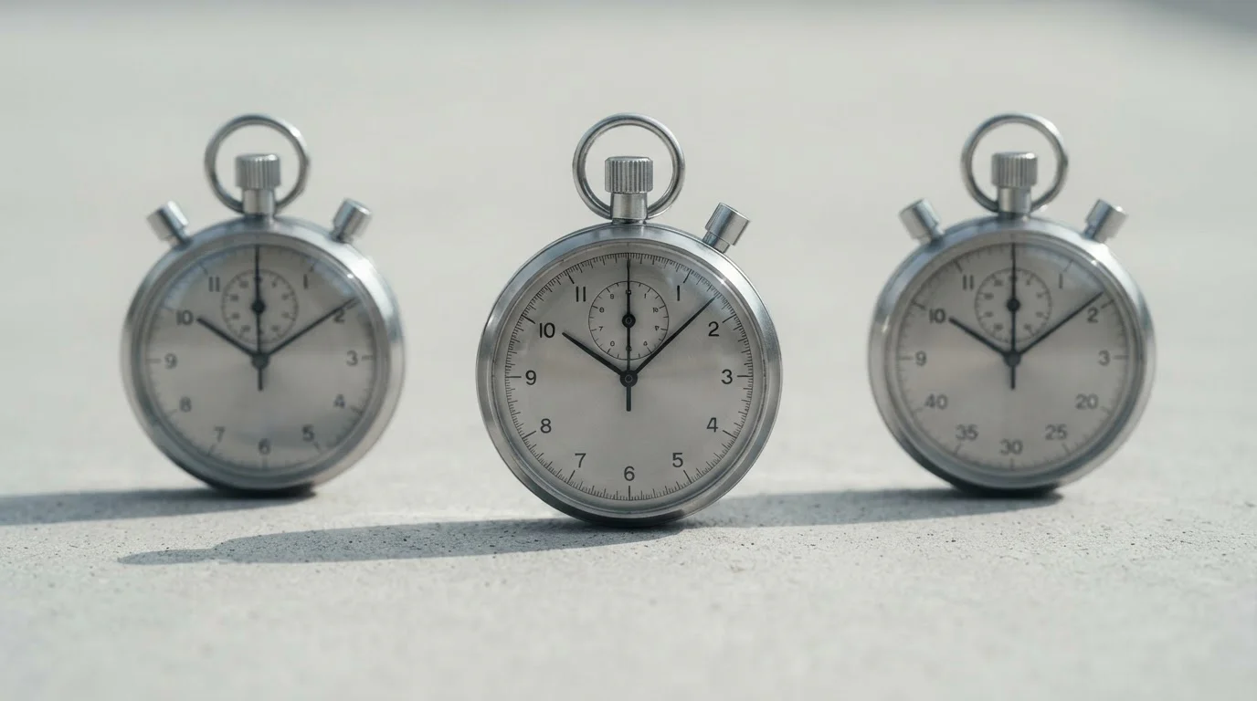 Three stopwatches side by side showing different elapsed times on a plain surface