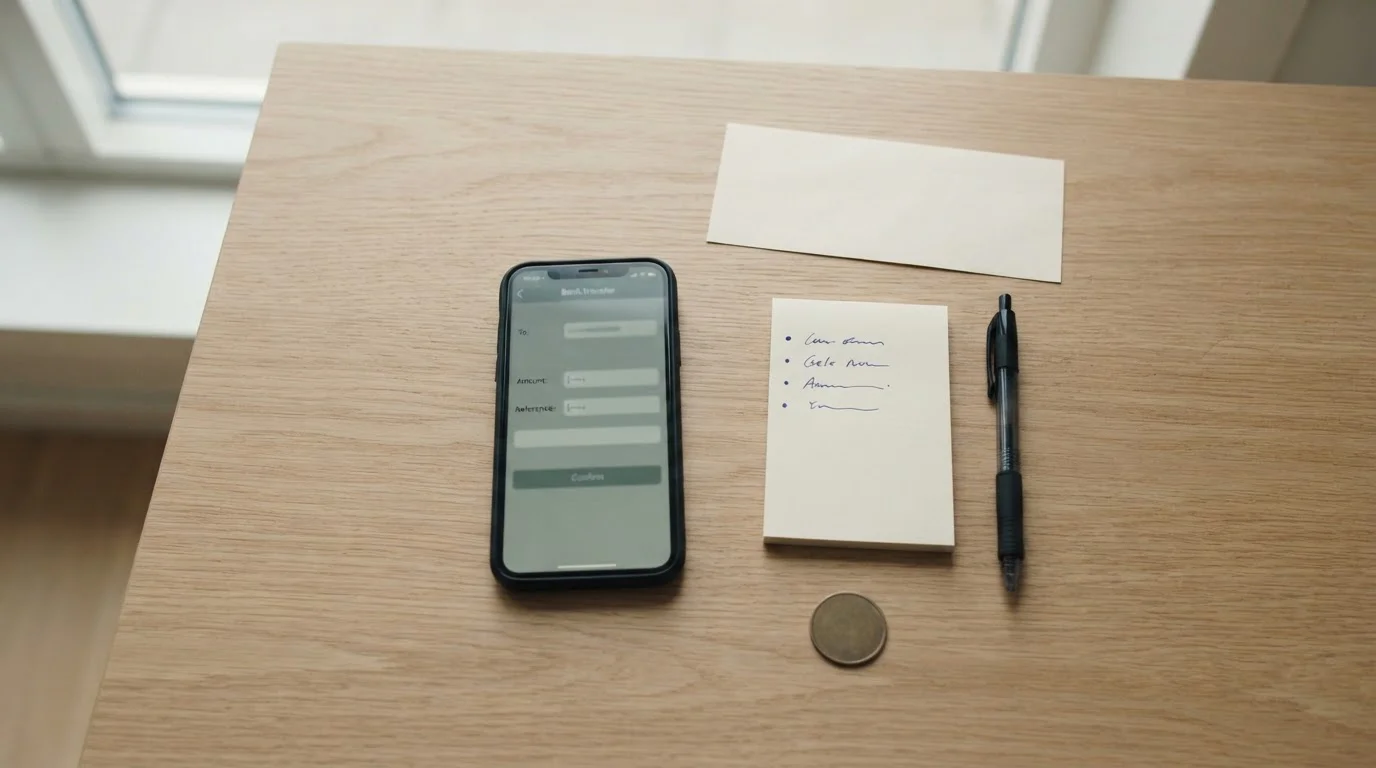Desk with a smartphone banking app, a plain prepaid voucher slip and a notepad listing transfer options