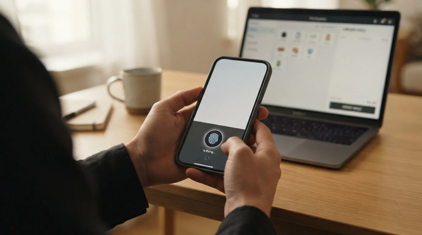 Hands holding a smartphone approving a wallet transfer beside an open laptop cashier screen