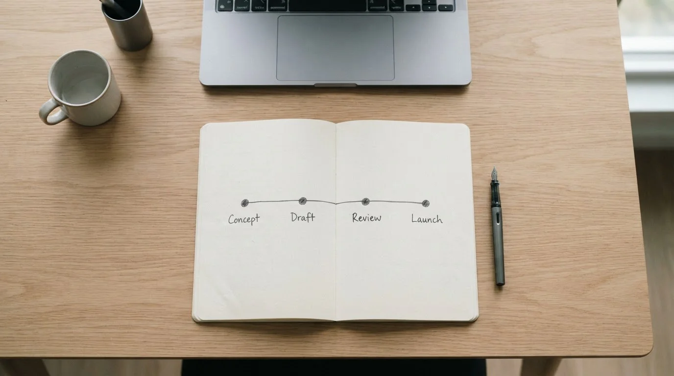 Timeline sketched in a notebook marking the stages of a withdrawal request beside a laptop