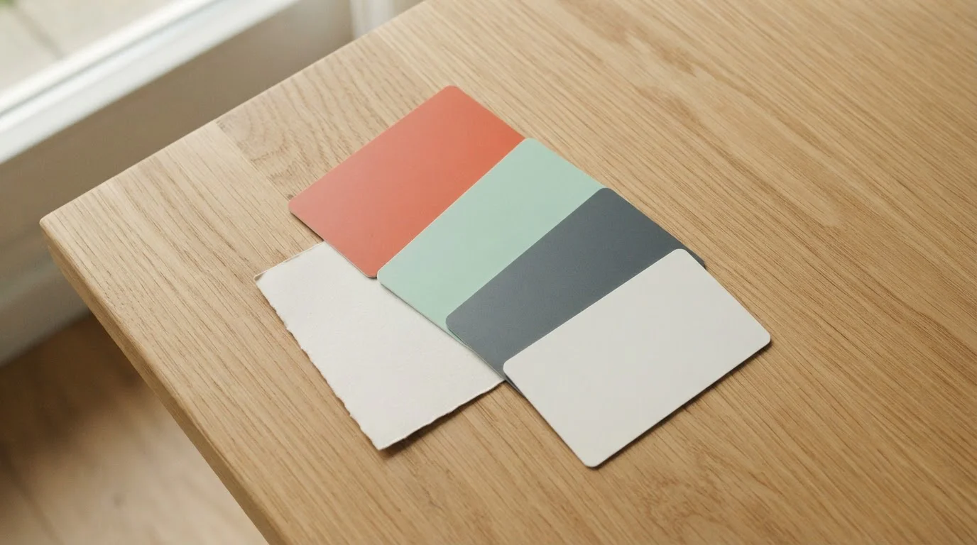 Several blank prepaid vouchers fanned out on a wooden table