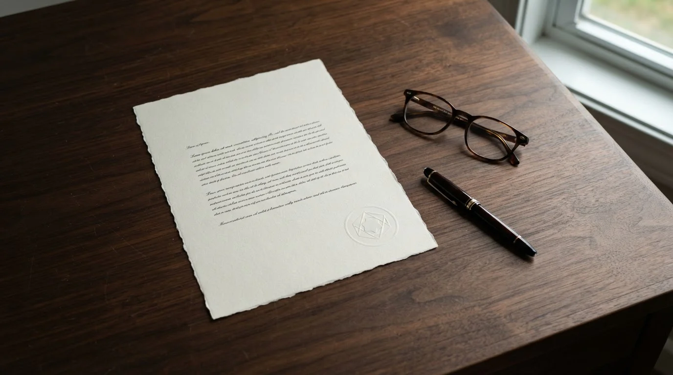 Official document with an embossed stamp resting on a desk beside reading glasses
