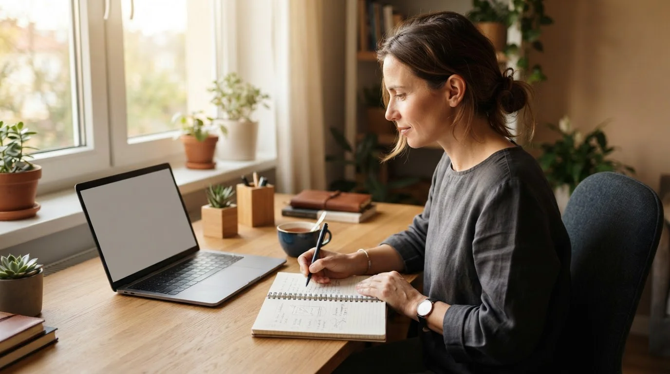 Person at a tidy desk comparing notes in a notebook against a laptop screen