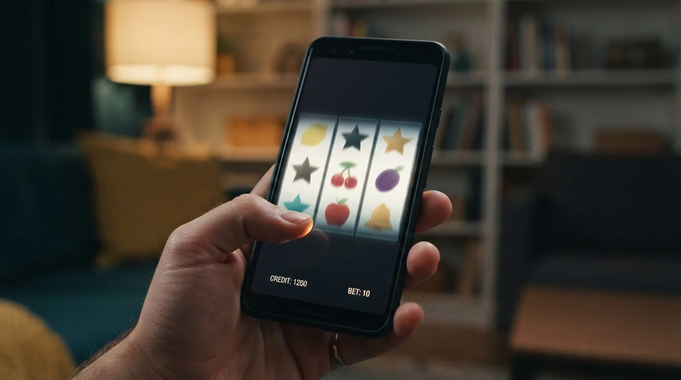 Pokies reels on a mobile screen during no deposit bonus play