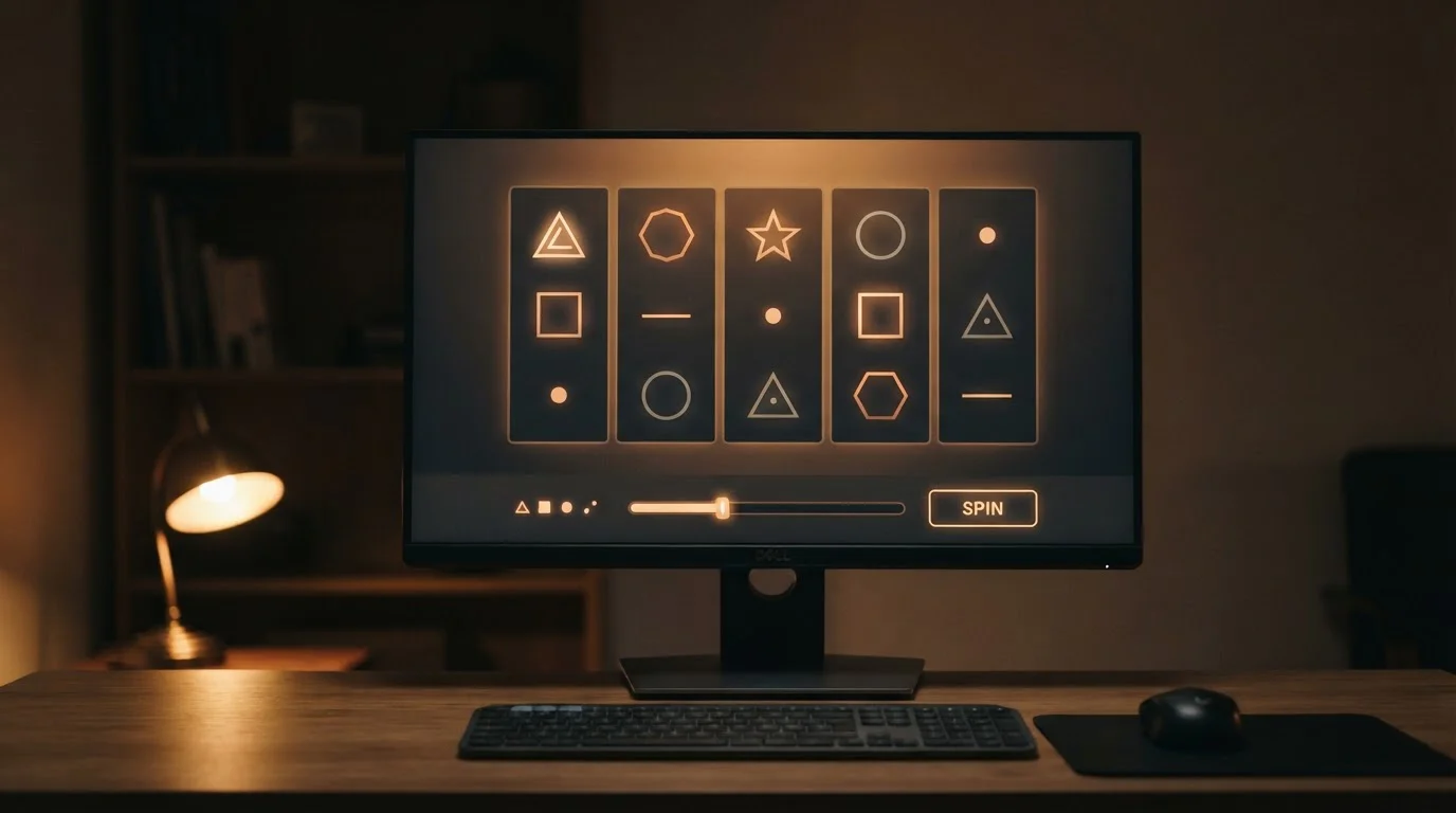 Generic slot reels on a monitor with the stake selector set to the lowest value