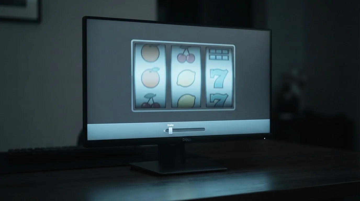 Generic slot reels on a monitor with the stake setting shown at its lowest value