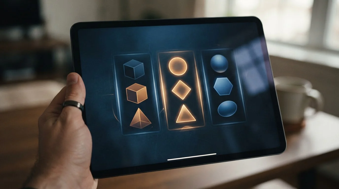 Close view of generic spinning reels on a tablet screen with no branding