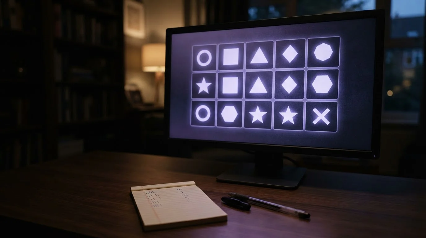 Generic pokies reels on a screen with a notepad tracking win sizes beside it