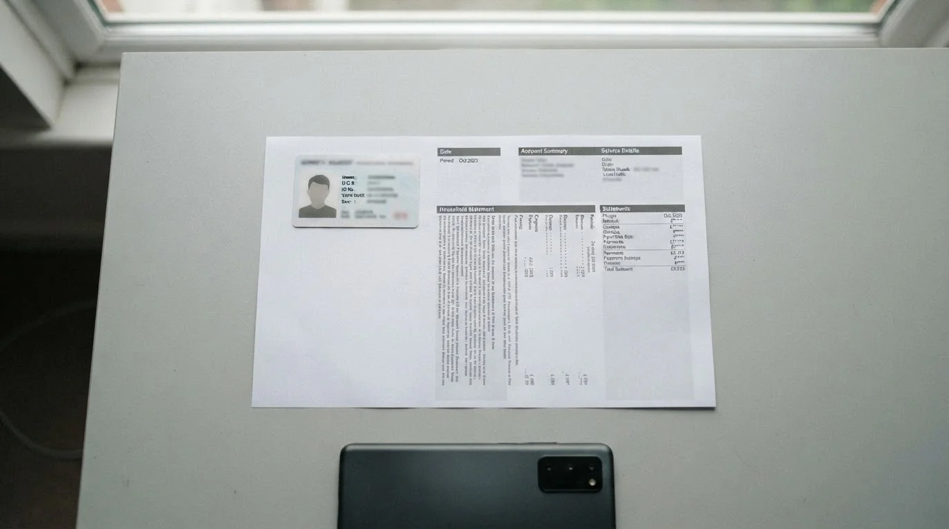 Identity document and a utility statement laid out flat ready to be photographed for verification