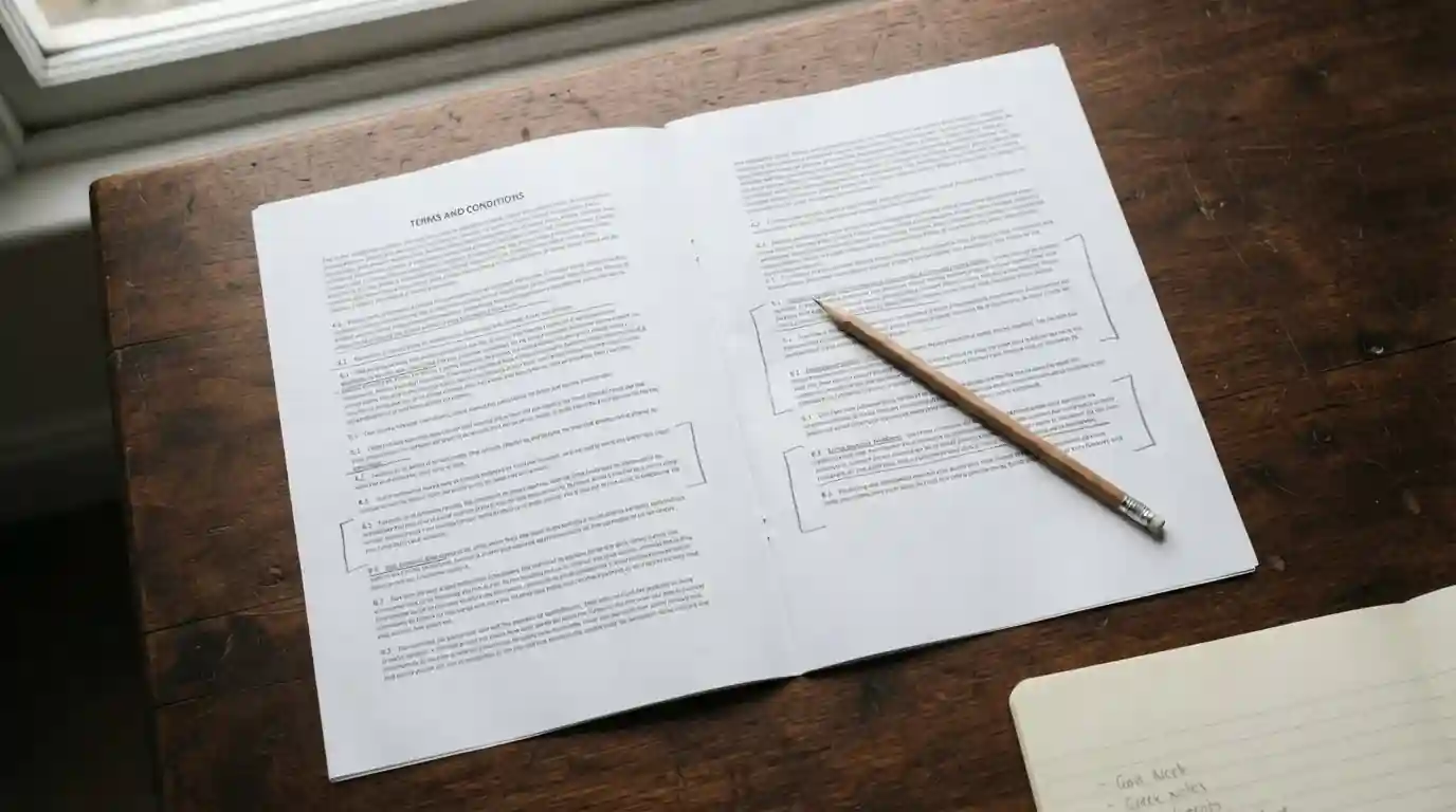 Printed terms document on a desk with several clauses marked in pencil