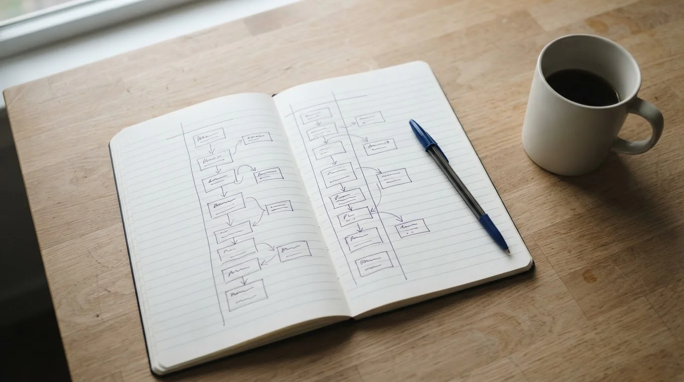 Two-column timeline sketch on a notepad separating a review queue from a transfer step