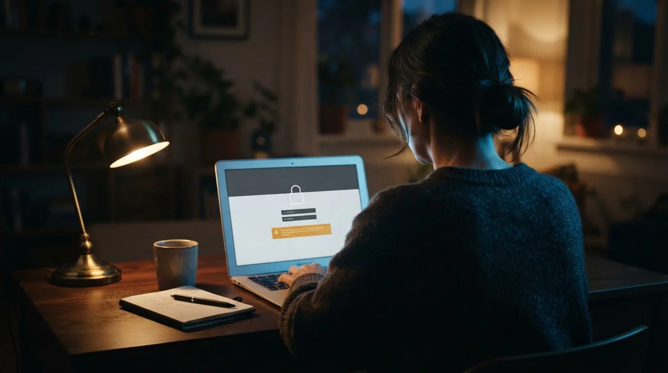 Person at a laptop reviewing an internet banking login warning from an Australian bank