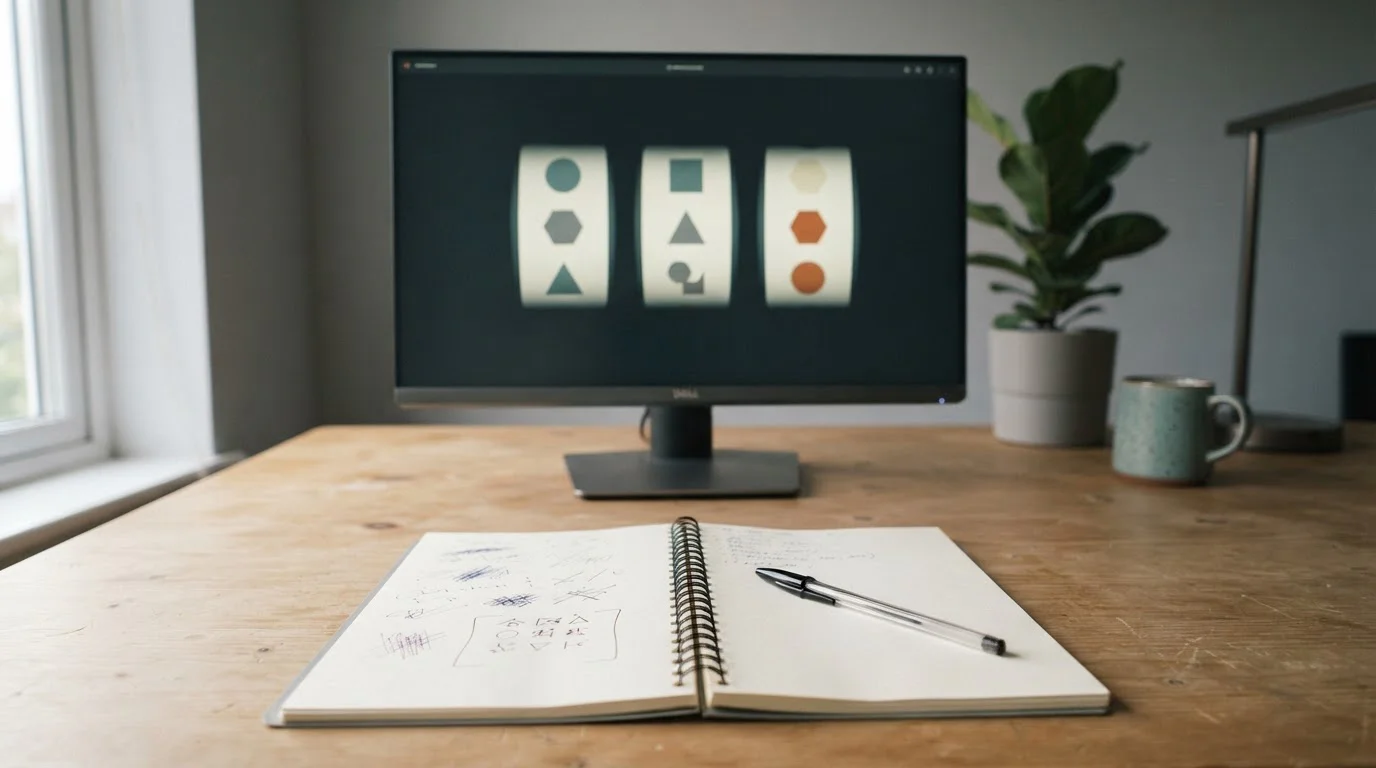 Generic pokies reels on a screen beside a notepad with deposit limit notes