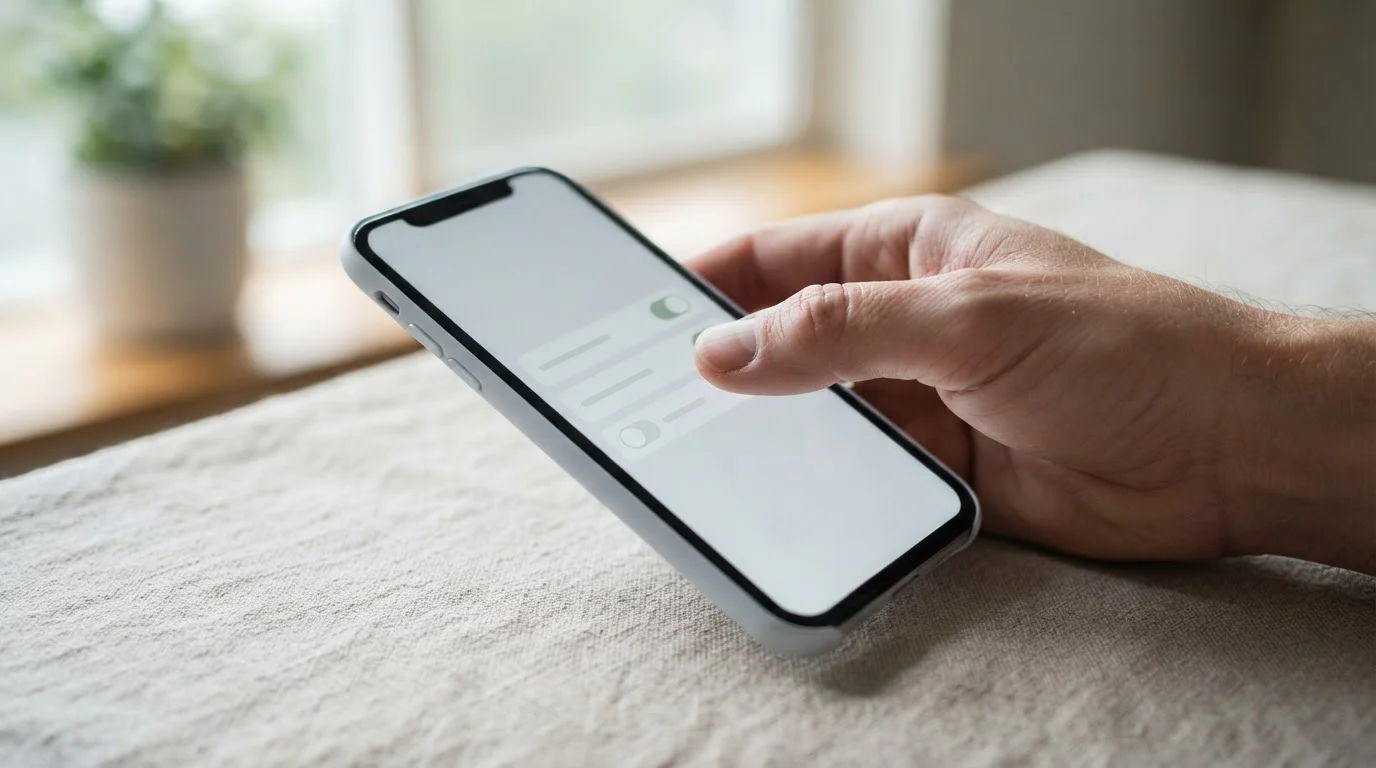Hand setting a limit toggle in a phone settings menu, calm neutral interface
