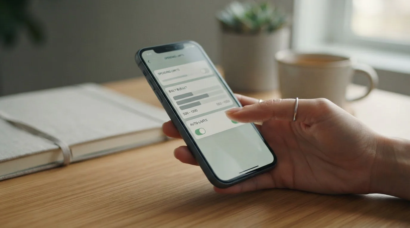 Calm hand setting a deposit limit toggle in a wallet app on a phone
