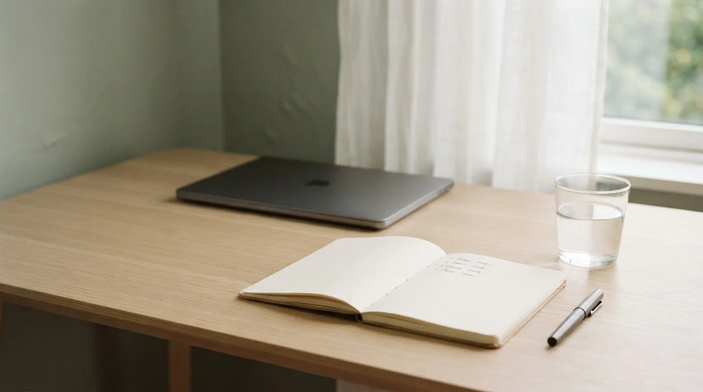 Quiet desk with a closed laptop and a notebook listing personal deposit limits