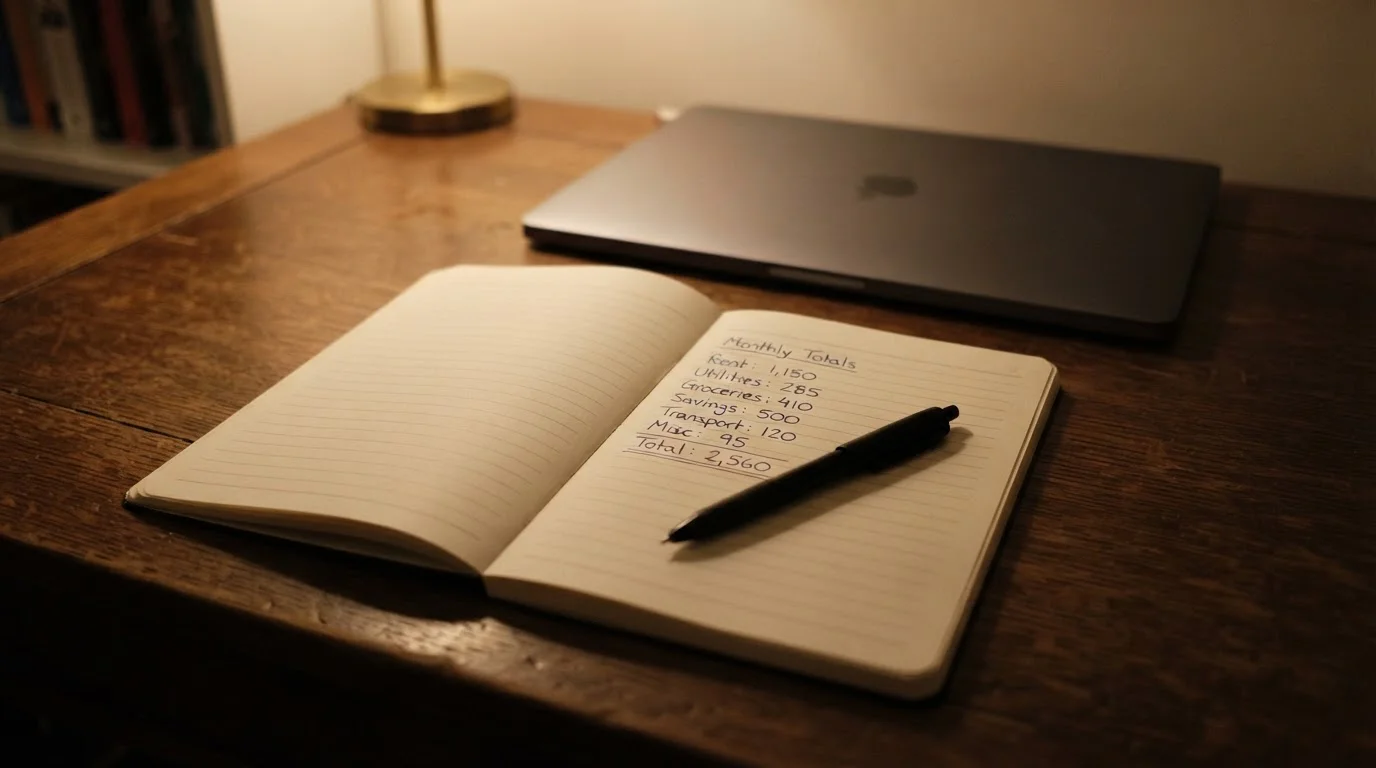 Notebook page with handwritten monthly spending limits beside a closed laptop