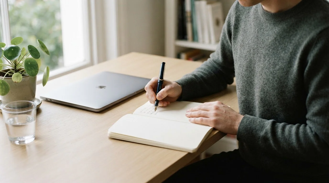 Person at a tidy desk writing a deposit limit note in a plain notebook beside a closed laptop