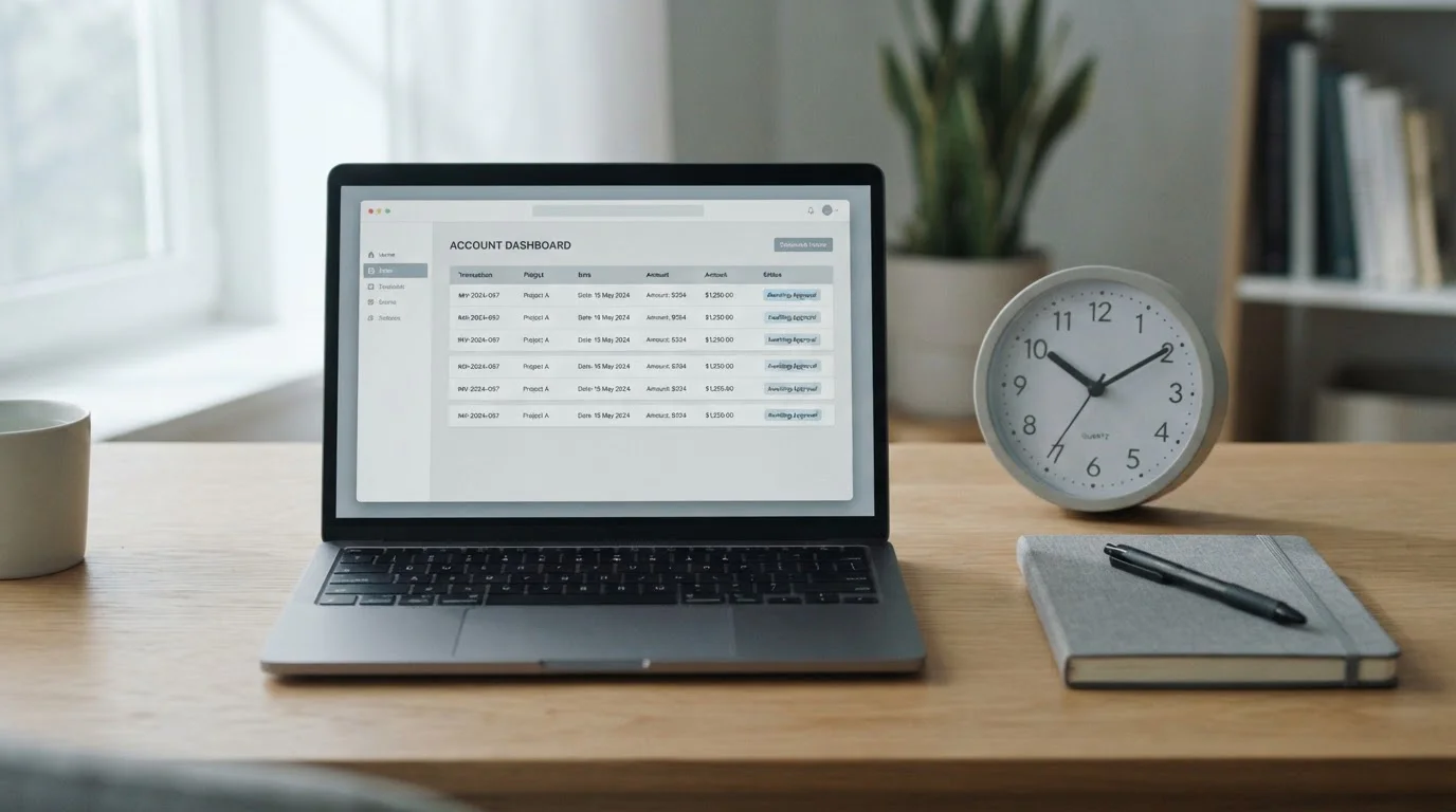 Wall clock beside a laptop showing a pending casino withdrawal request