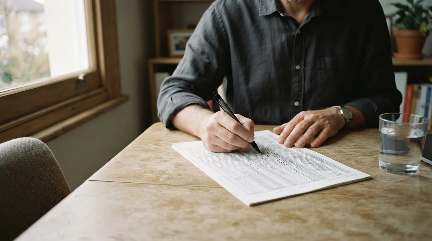 Person working through figures with a pen on a printed fee schedule