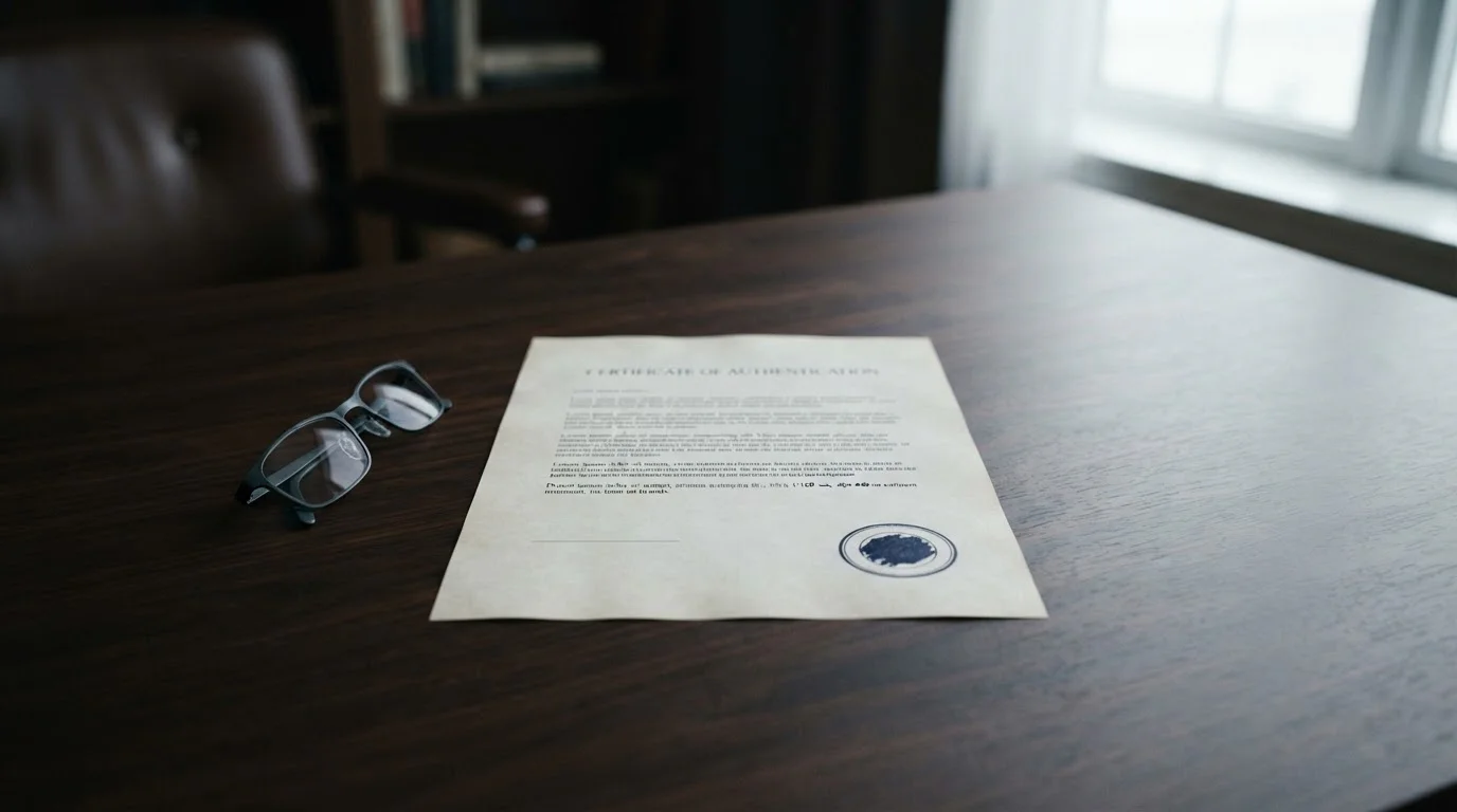 Neutral legal document with an official stamp resting on a plain desk beside reading glasses