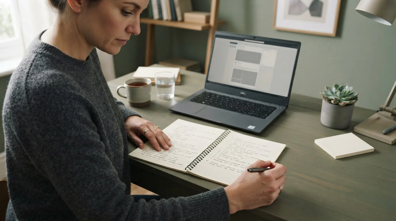 Person comparing two columns of notes on a desk beside an open laptop