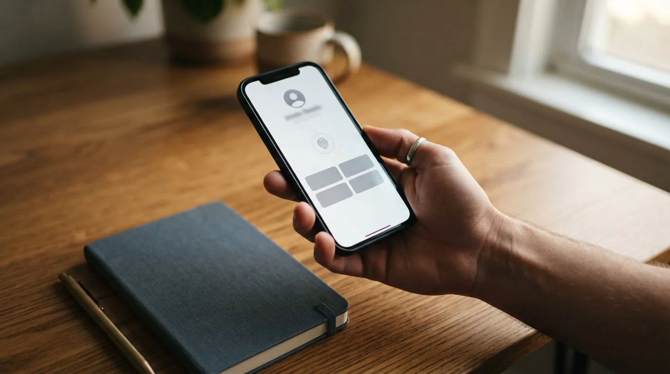 Smartphone displaying a digital wallet payment authorisation screen held above a desk