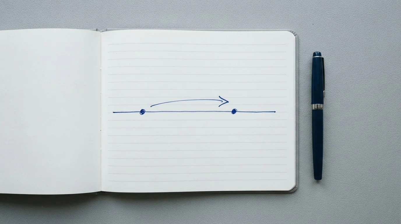 Hand-drawn timeline on a notepad showing two stages of a payment process