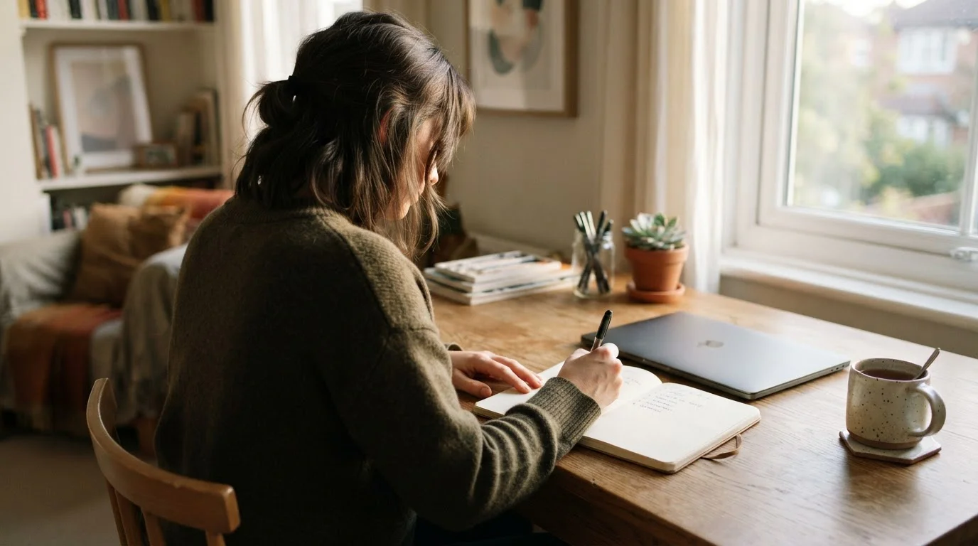 Person at a tidy desk writing a short checklist in a notebook beside a laptop