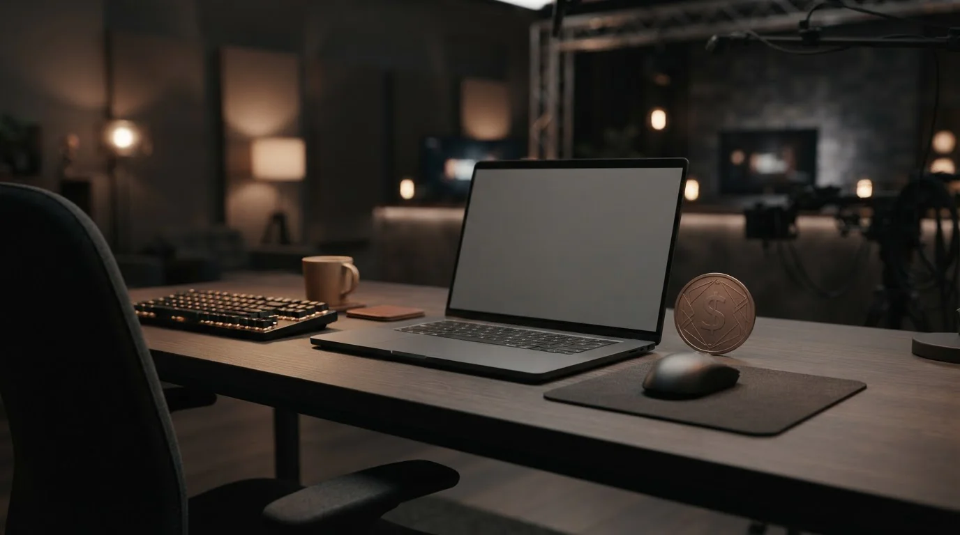 A laptop on a low-lit desk with a single plain dollar-motif token resting beside it