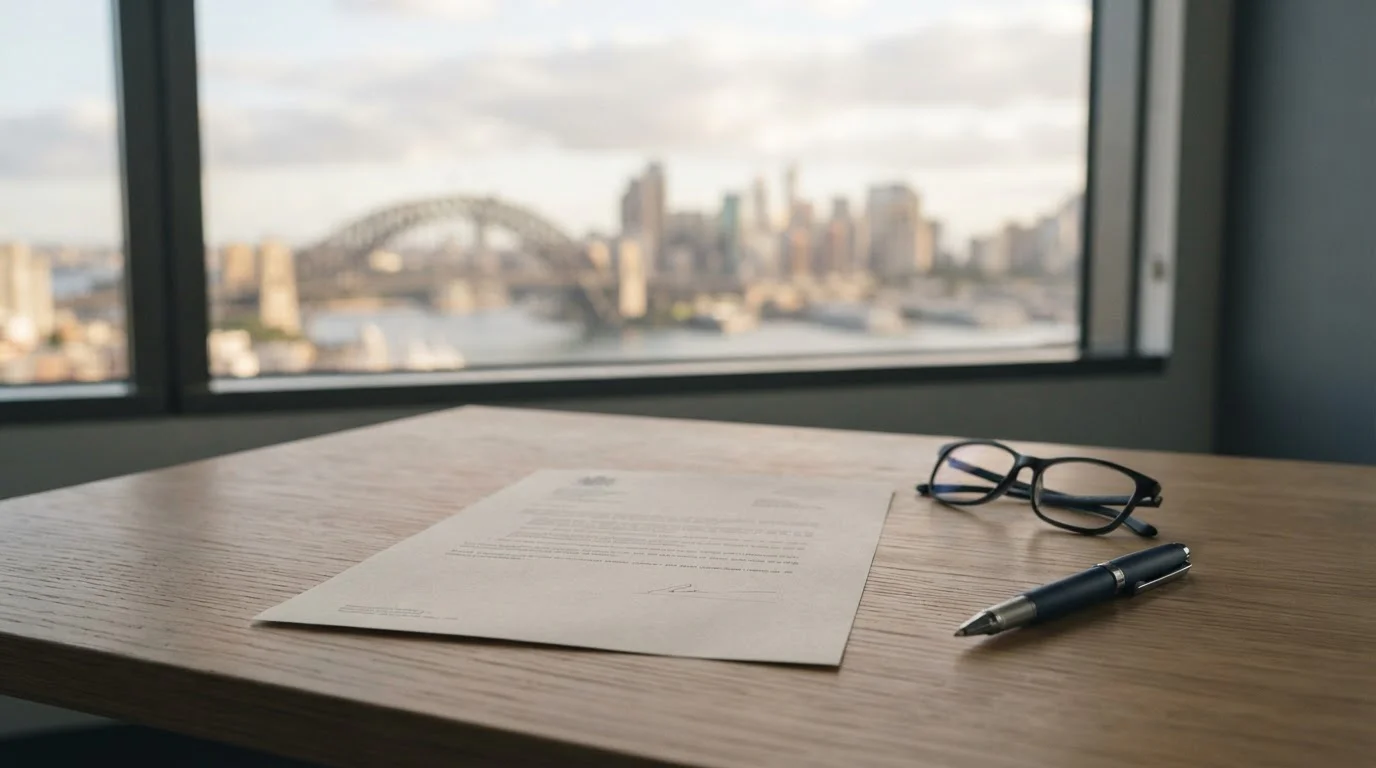 A neutral legal document on a desk with a soft Australian city skyline beyond the window
