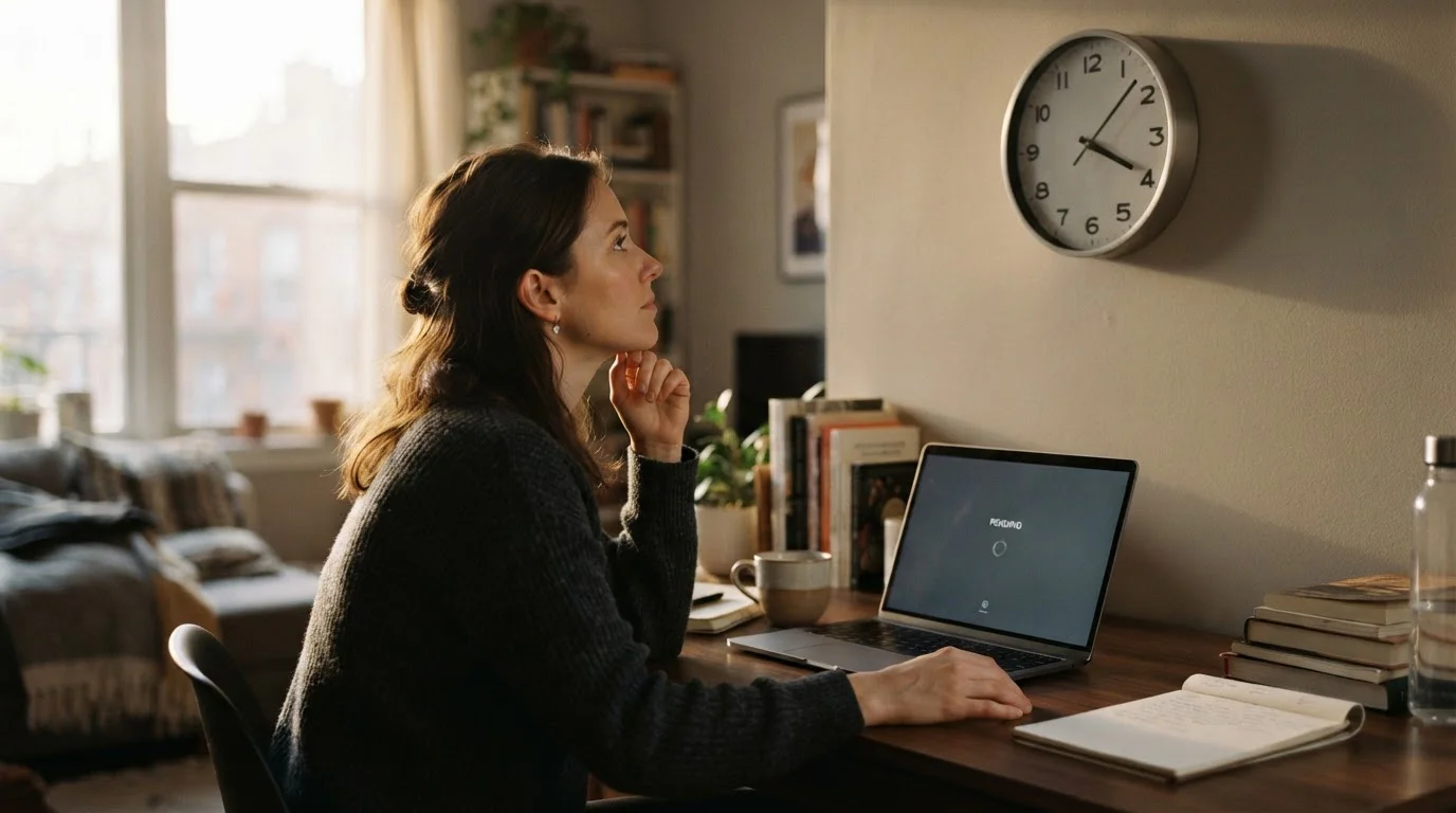 Person checking the clock while reviewing a pending withdrawal on a laptop