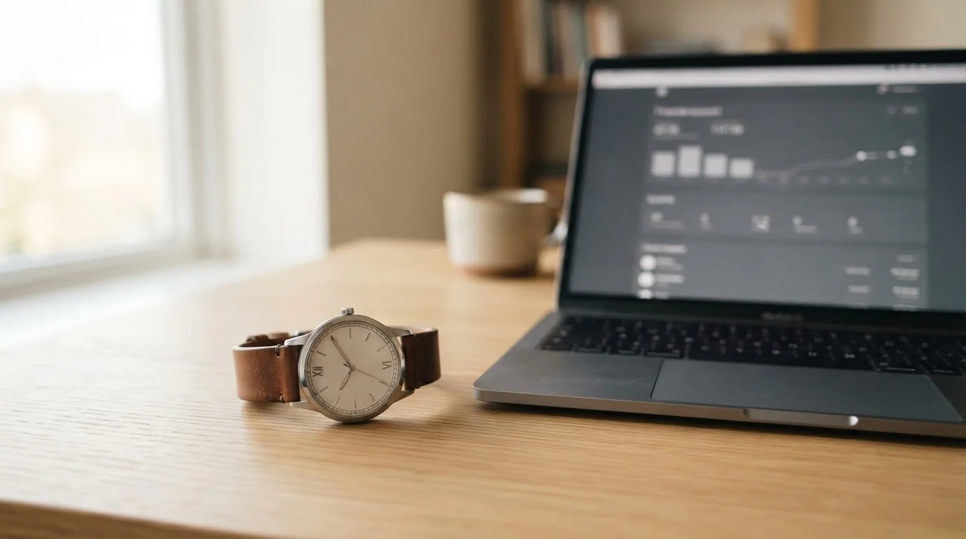 Wristwatch beside a laptop showing a bank account balance screen on a desk