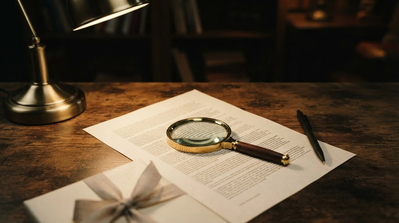 A magnifying glass resting over a dense contract page with a plain gift ribbon at its corner