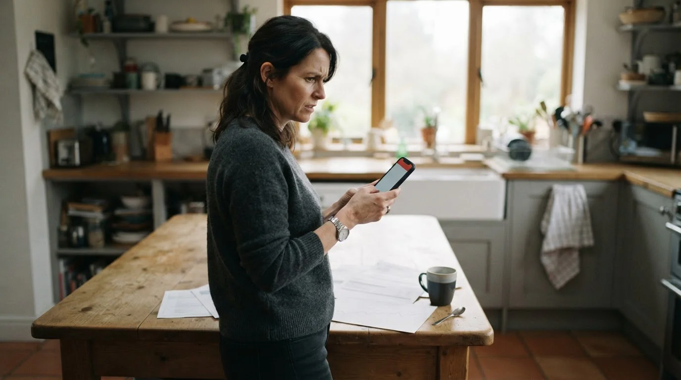 Person reviewing a declined transaction notice on a phone beside banking paperwork