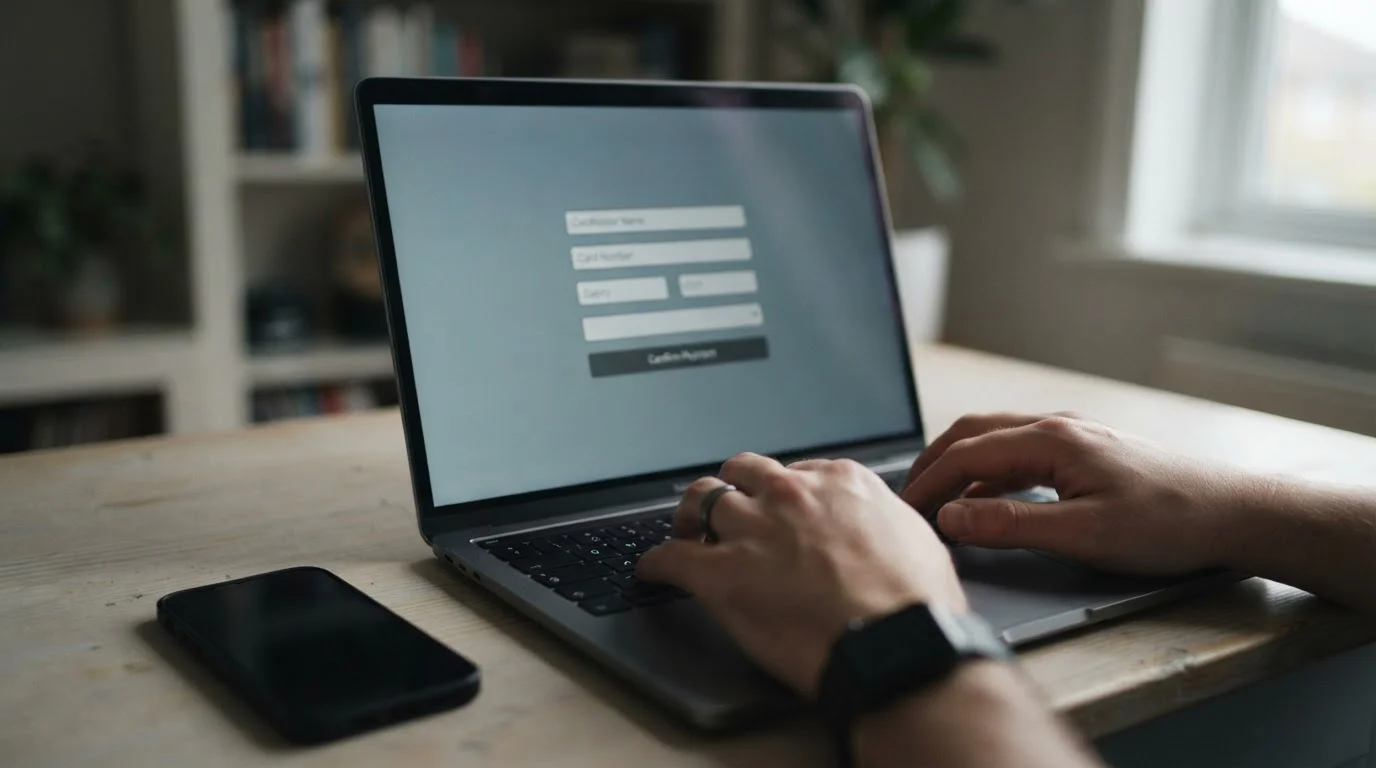 Hands entering payment details on a laptop cashier screen at an Australian online casino