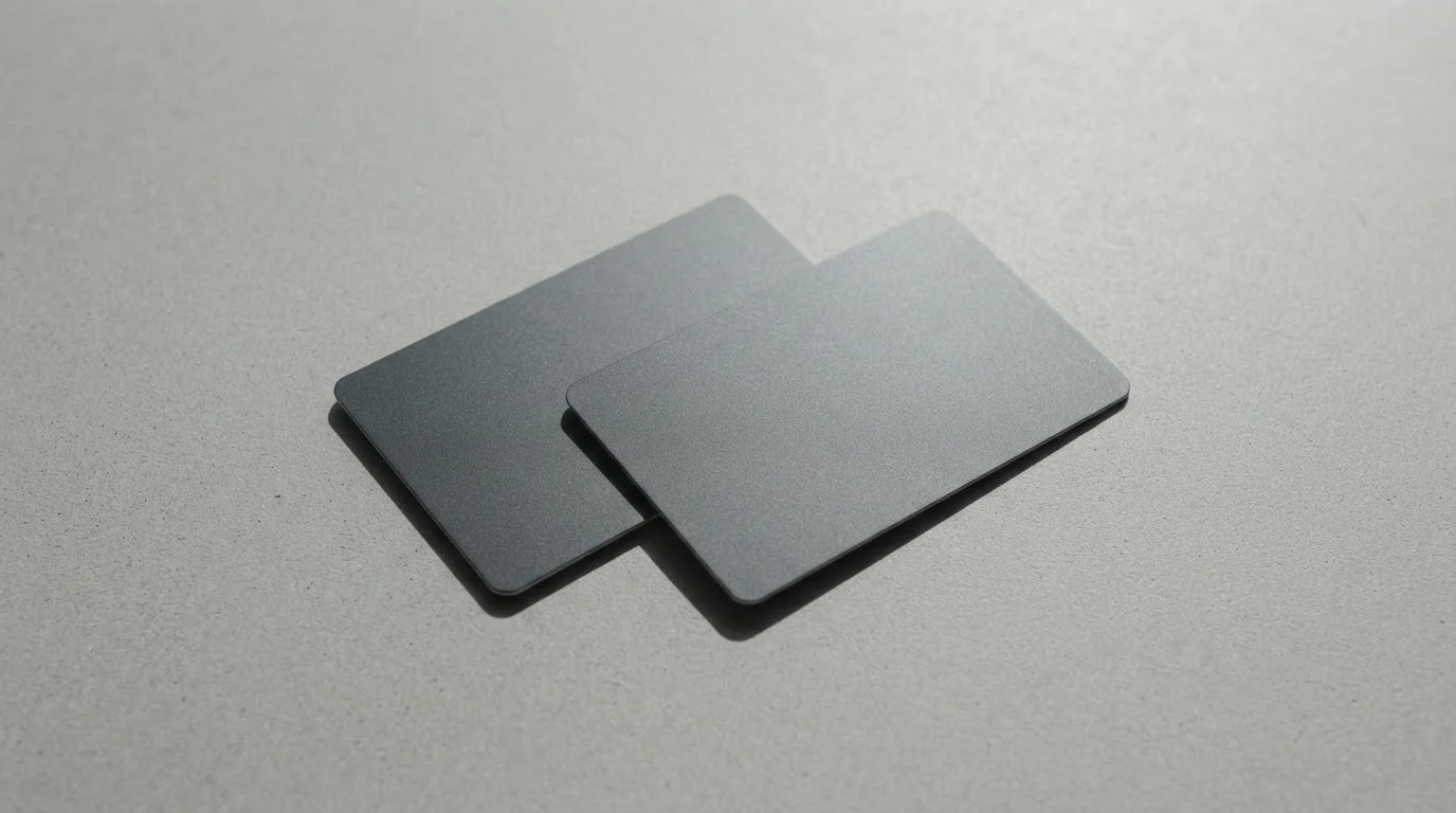 Two blank payment cards laid side by side on a neutral grey surface