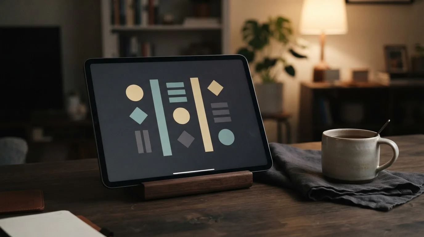 Neutral gaming reels displayed on a tablet screen on a quiet desk