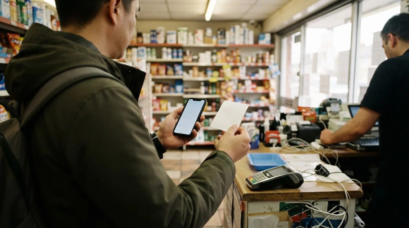 Hand holding a phone at a retail counter buying a prepaid voucher