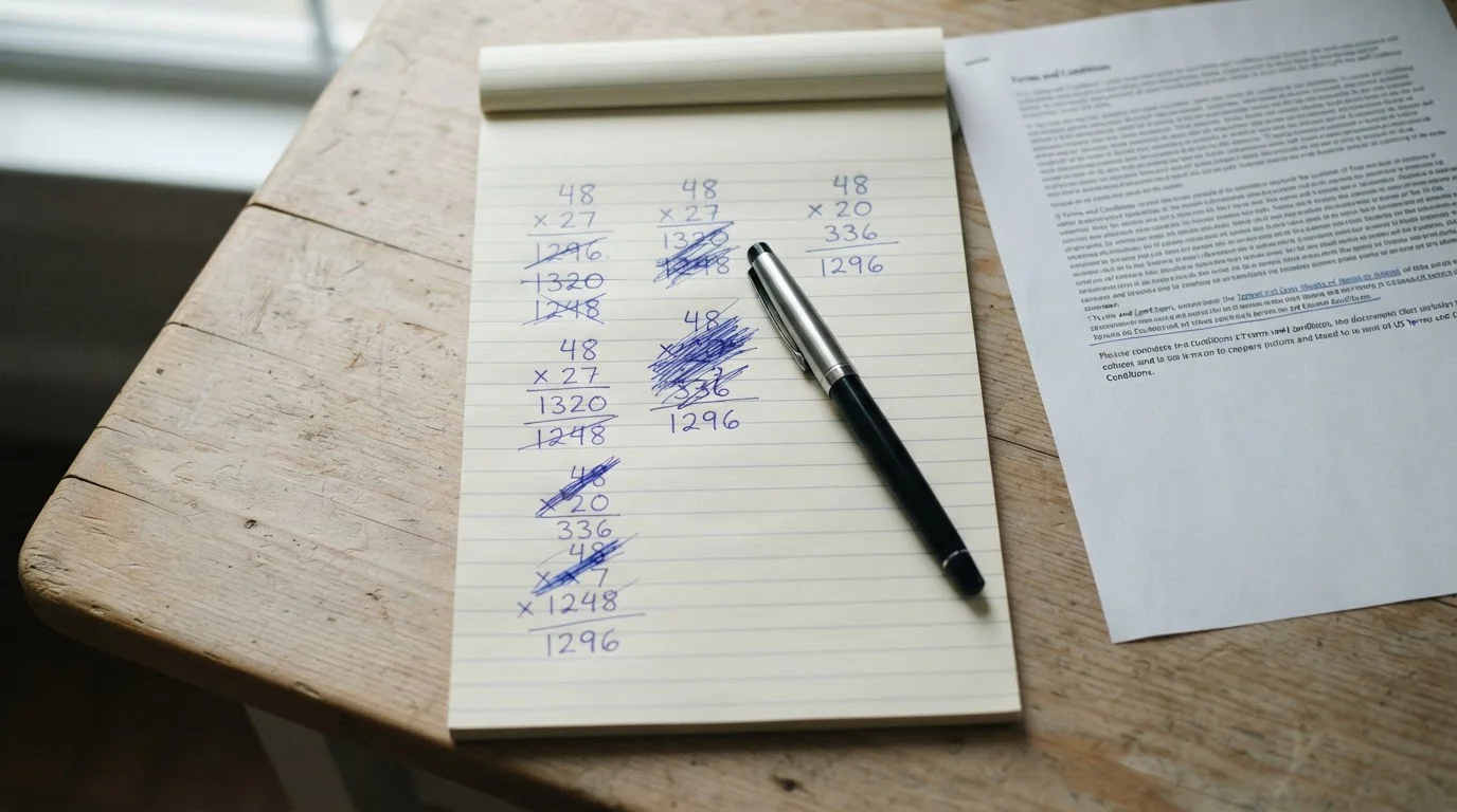 Notepad with handwritten multiplication working beside a printed terms document
