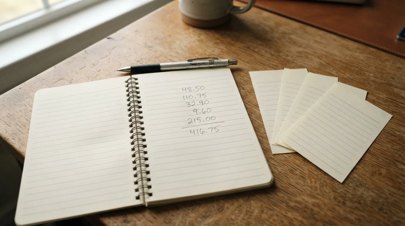 Notepad with handwritten sums beside four separate printed transfer slips