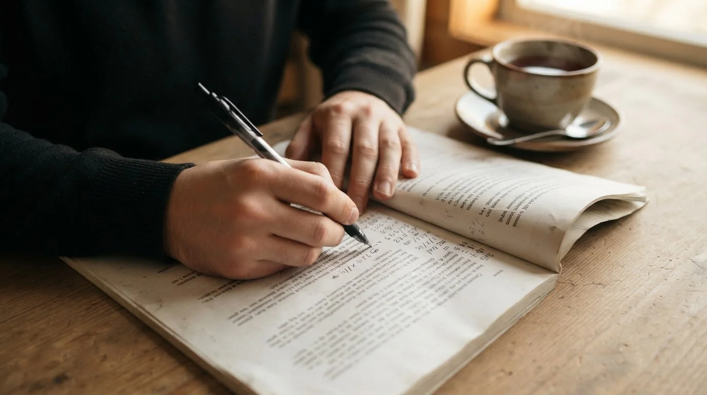 Hand working through wagering arithmetic with a pen on a printed bonus terms sheet