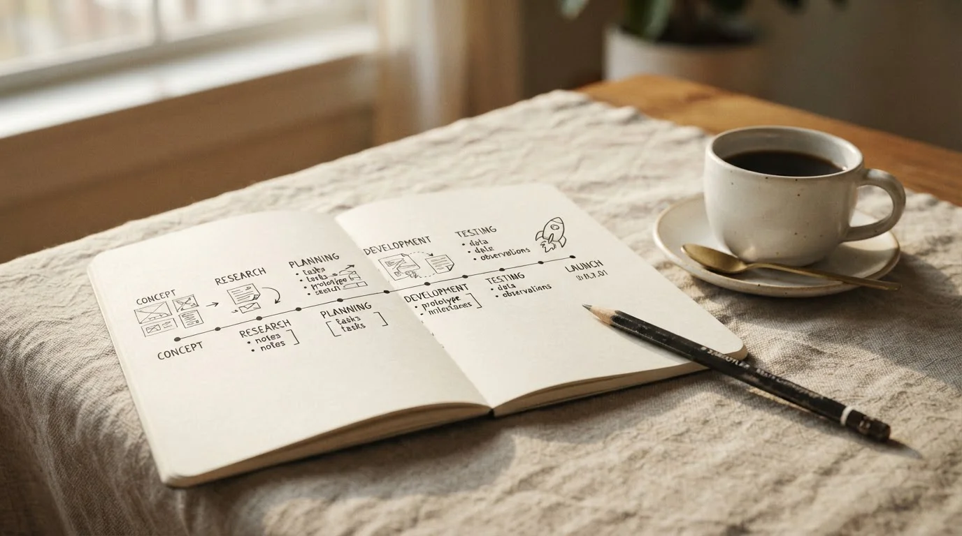 Hand-drawn timeline of withdrawal stages in a notebook beside a coffee cup