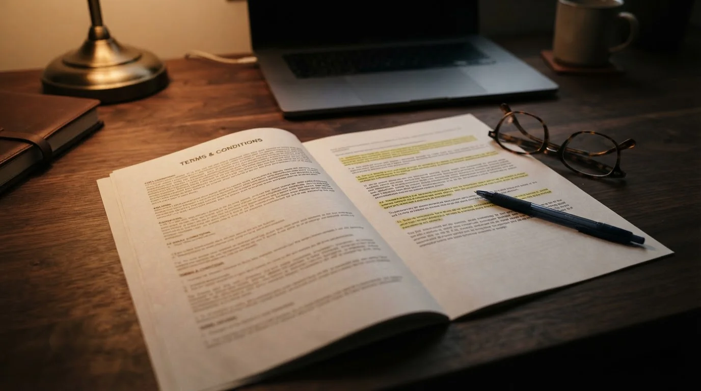 Printed terms and conditions page with withdrawal limit clauses marked up