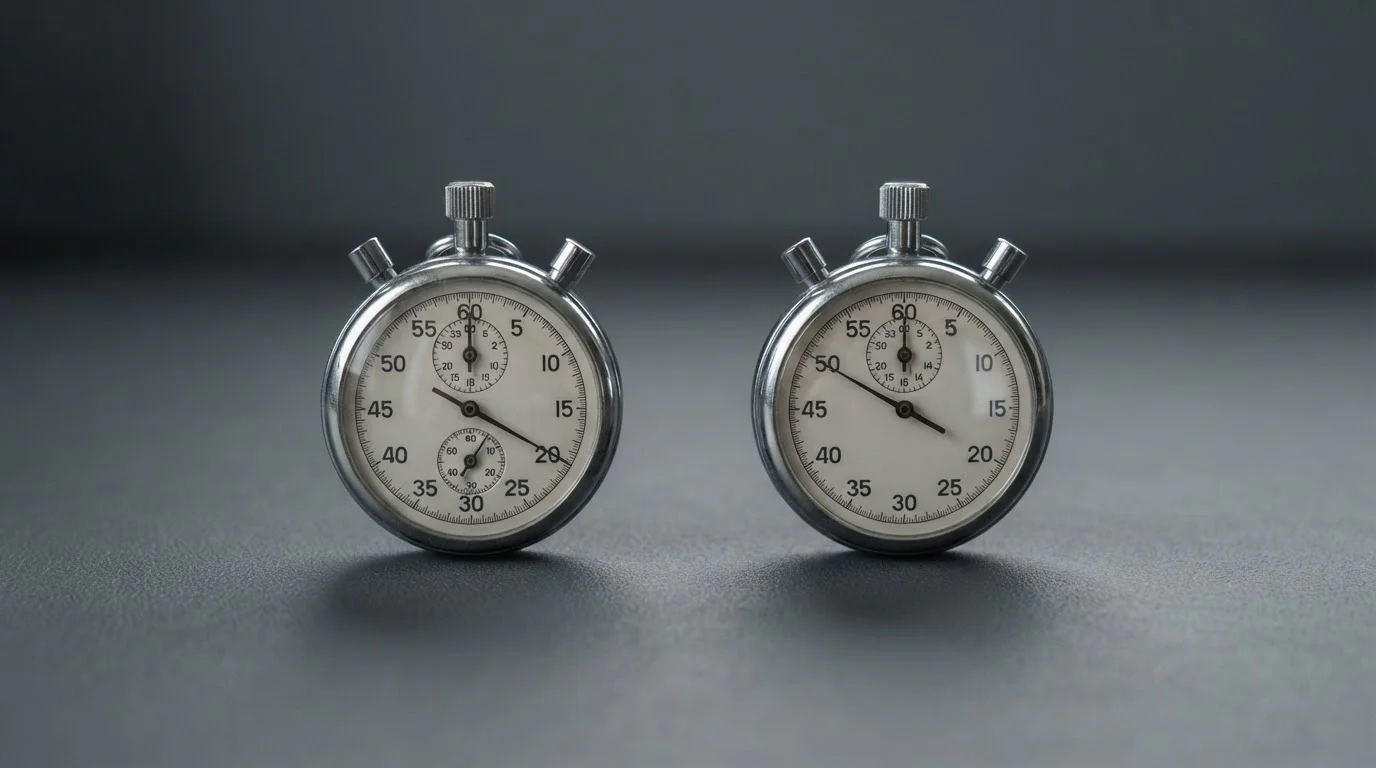 Two stopwatches side by side on a plain desk surface measuring separate intervals